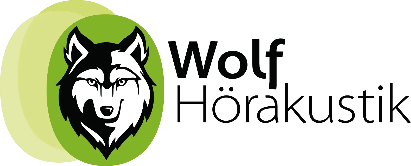 Wolfkopf auf grünem Hintergrund, Logo Wolf Hörakustik Wandlitz